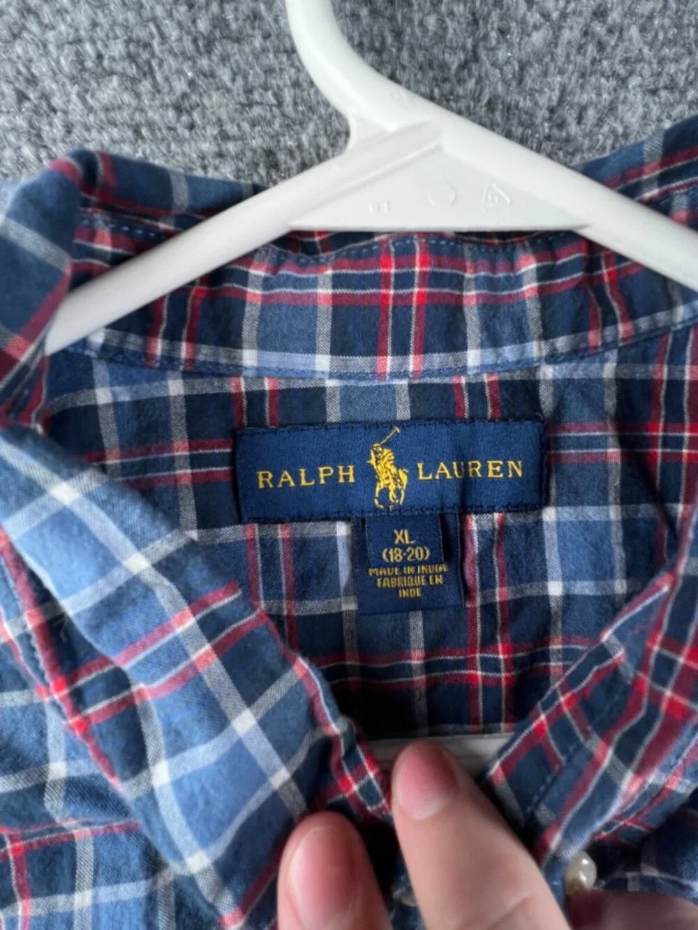 Ralph Lauren Boys Button Up Shirt Short Sleeve Blue Red Plaid XL 18-20 Cotton